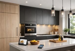 Modern smart kitchen with built-in appliances, digital oven display, and connected home technology in a clean, contemporary layout.