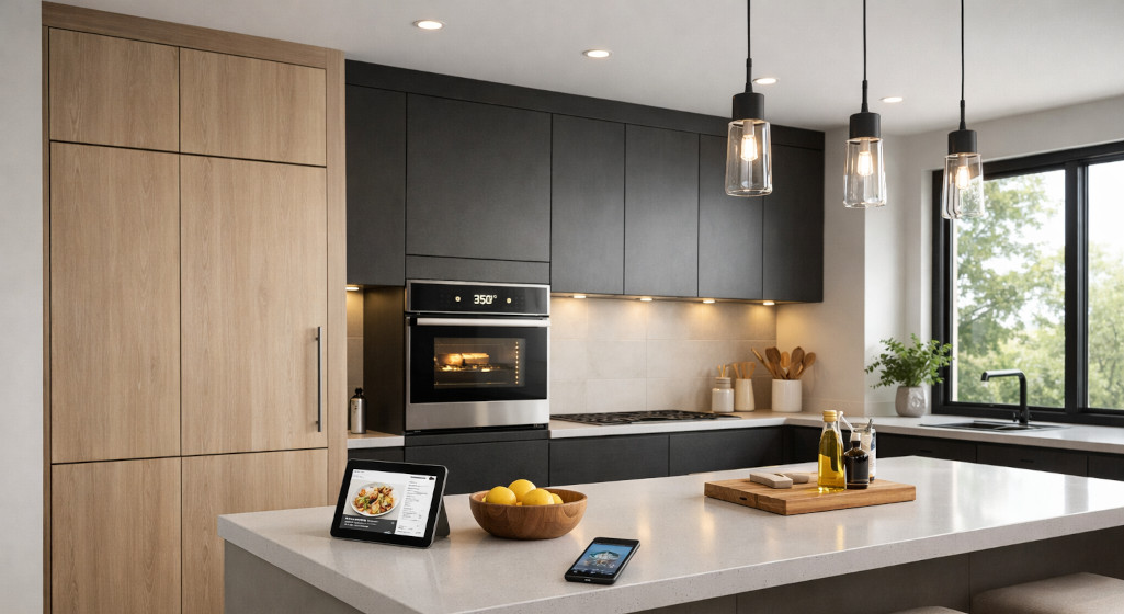 Modern smart kitchen with built-in appliances, digital oven display, and connected home technology in a clean, contemporary layout.