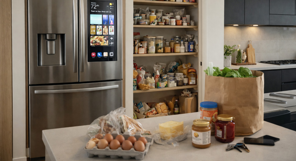 Modern smart kitchens with advanced appliances and a cluttered pantry showing lack of organization.