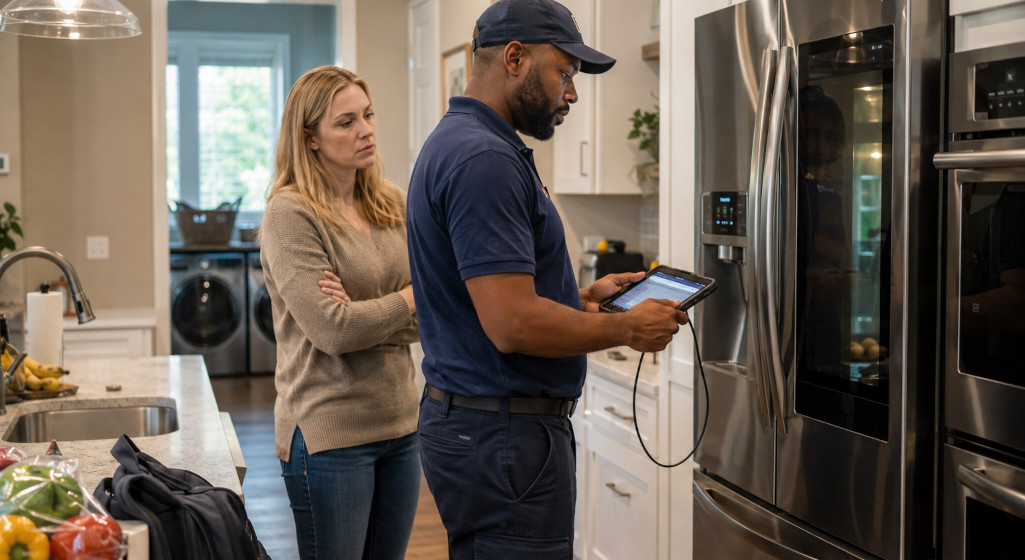 Local appliance repair technician diagnosing a smart refrigerator in a suburban home kitchen while speaking with the homeowner as Samsung exits China appliance market.
