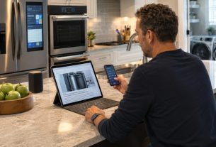 Homeowner in a modern kitchen using a smartphone near connected smart appliances while reading news about changes in the global appliance industry.