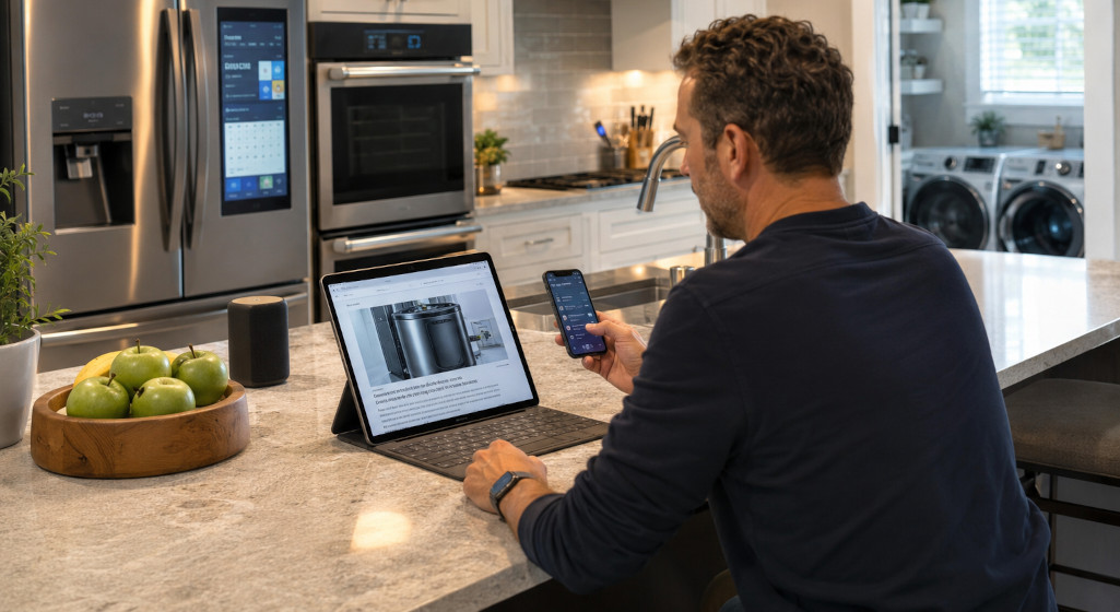 Homeowner in a modern kitchen using a smartphone near connected smart appliances while reading news about changes in the global appliance industry.