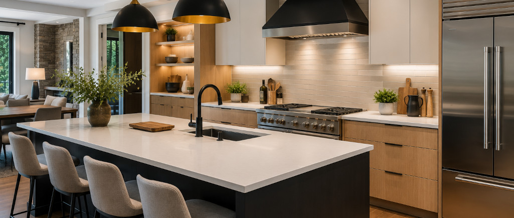 Modern contemporary kitchen with layered recessed, pendant, and under-cabinet lighting, a professional stainless steel range hood, integrated appliances, and a spacious quartz island designed for both style and functionality.